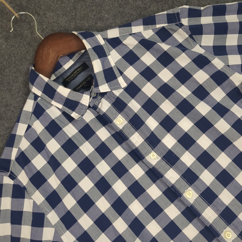 Banana Republic Camden Fit Gingham Check Button Down Shirt Navy Blue Mens Medium